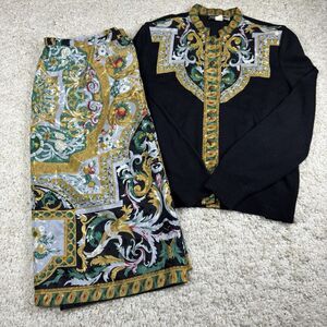 Parnes Feinstein Vintage Skirt‎ & Sweater Top Women's 16 Black & Gold 70's Artsy